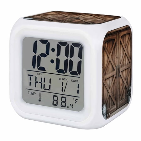 Retro Brown Door Digital Alarm Clock for Bedrooms, Smart LED Alarm Clock with 7 Color Changing Night Light, Country Vintage Wooden Door Silent Wake Up Clocks for Sleep Study Cooking 3.2x3.2