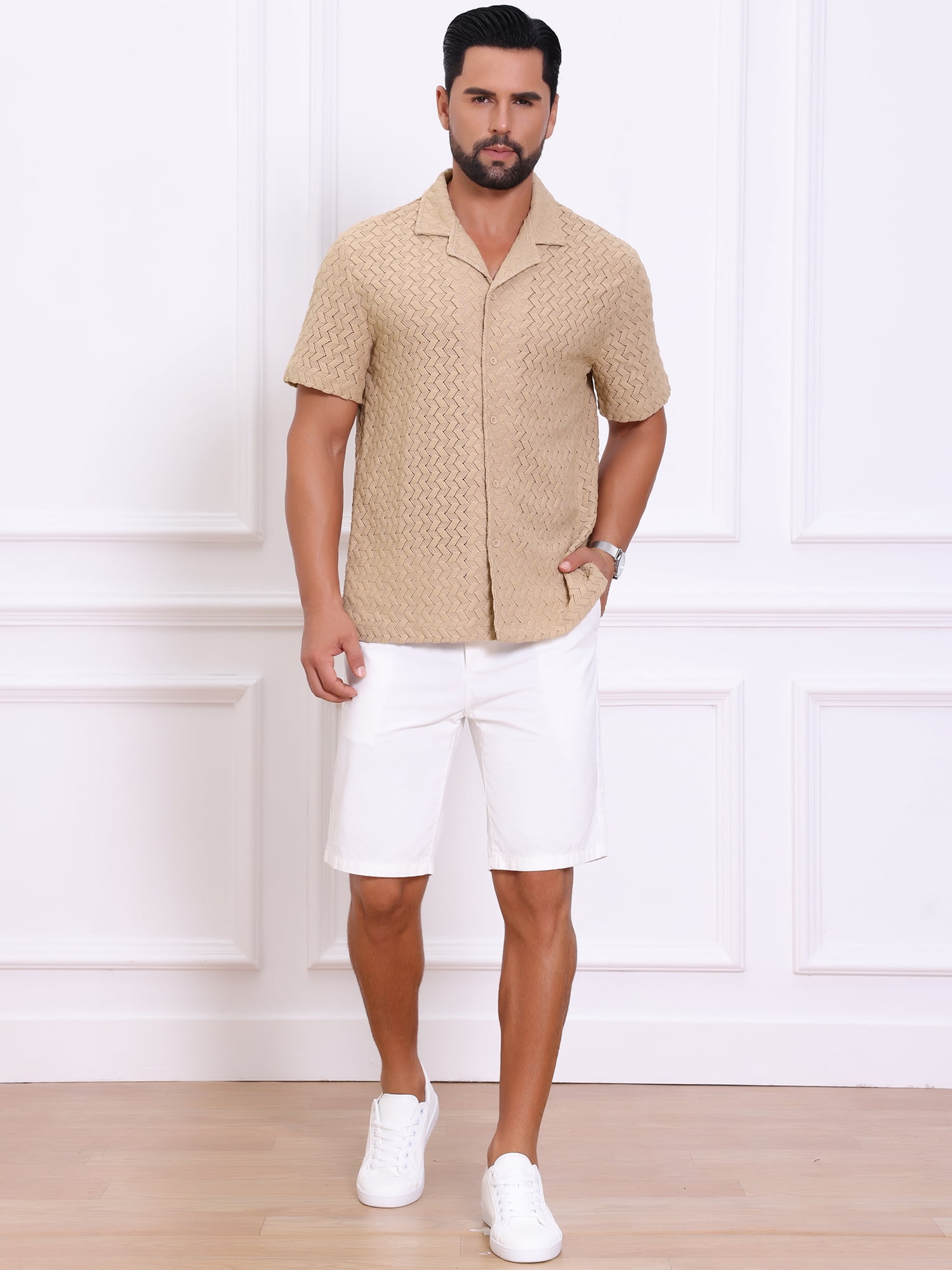 DARING DIVA Men's Hollow Jacquard Camp Collar Short Sleeve Beach Texture Shirts M Khaki