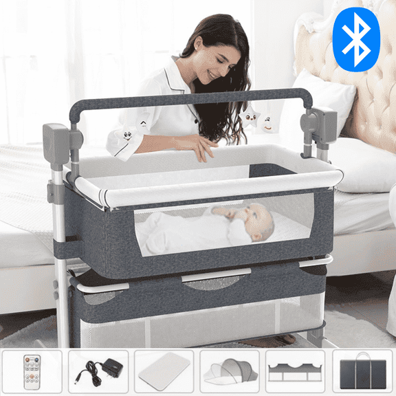 Sunny Babe Electric Baby Crib Rocking Baby Recliner with Remote Control Bed-Sharing Baby Cradles and Bassinets with Bluetooth Music Speaker,Unisex,Grey