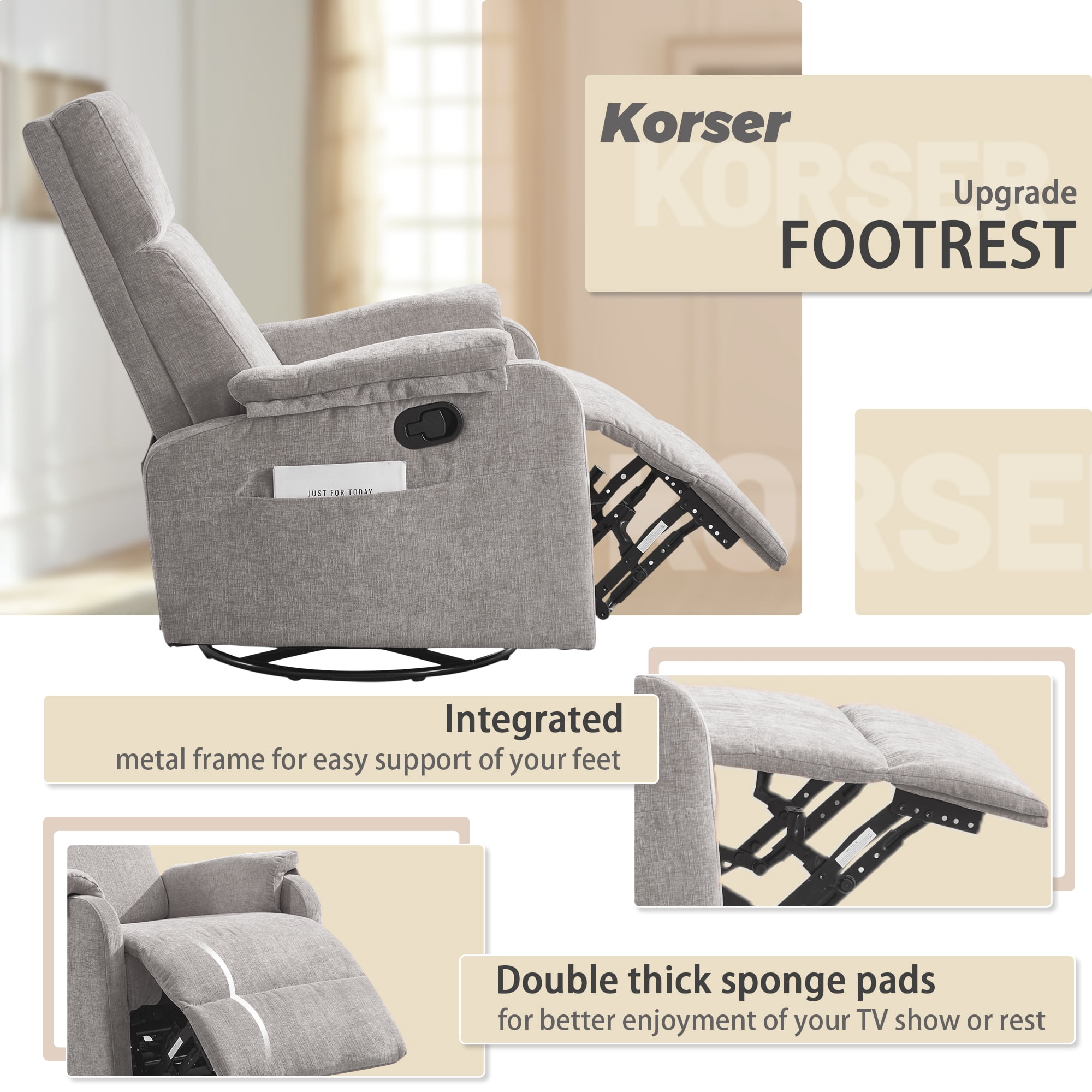 Korser Swivel Rocker Recliner Chair for Small Spaces Chenille for Living Room,Grey