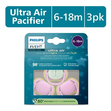 Philips Avent Ultra Air Pacifier 6-18M, Quiet Pink / Butterfly, Day+Night 3 Pack, SCF087/30