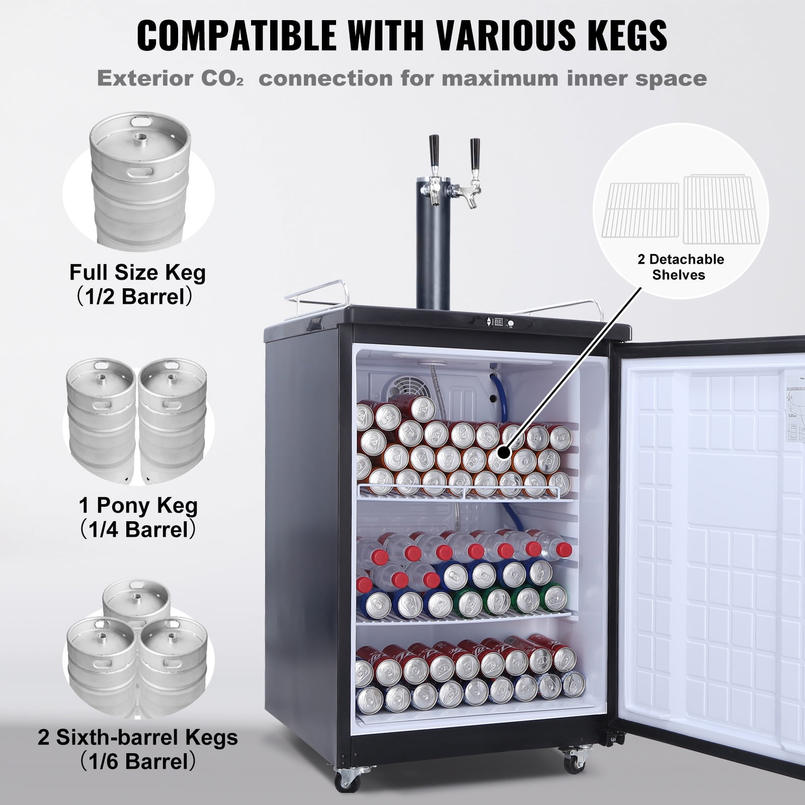 KFFKFF Draft Beer Dispenser Beer Kegerator Full Size Keg Refrigerator Dual Tap