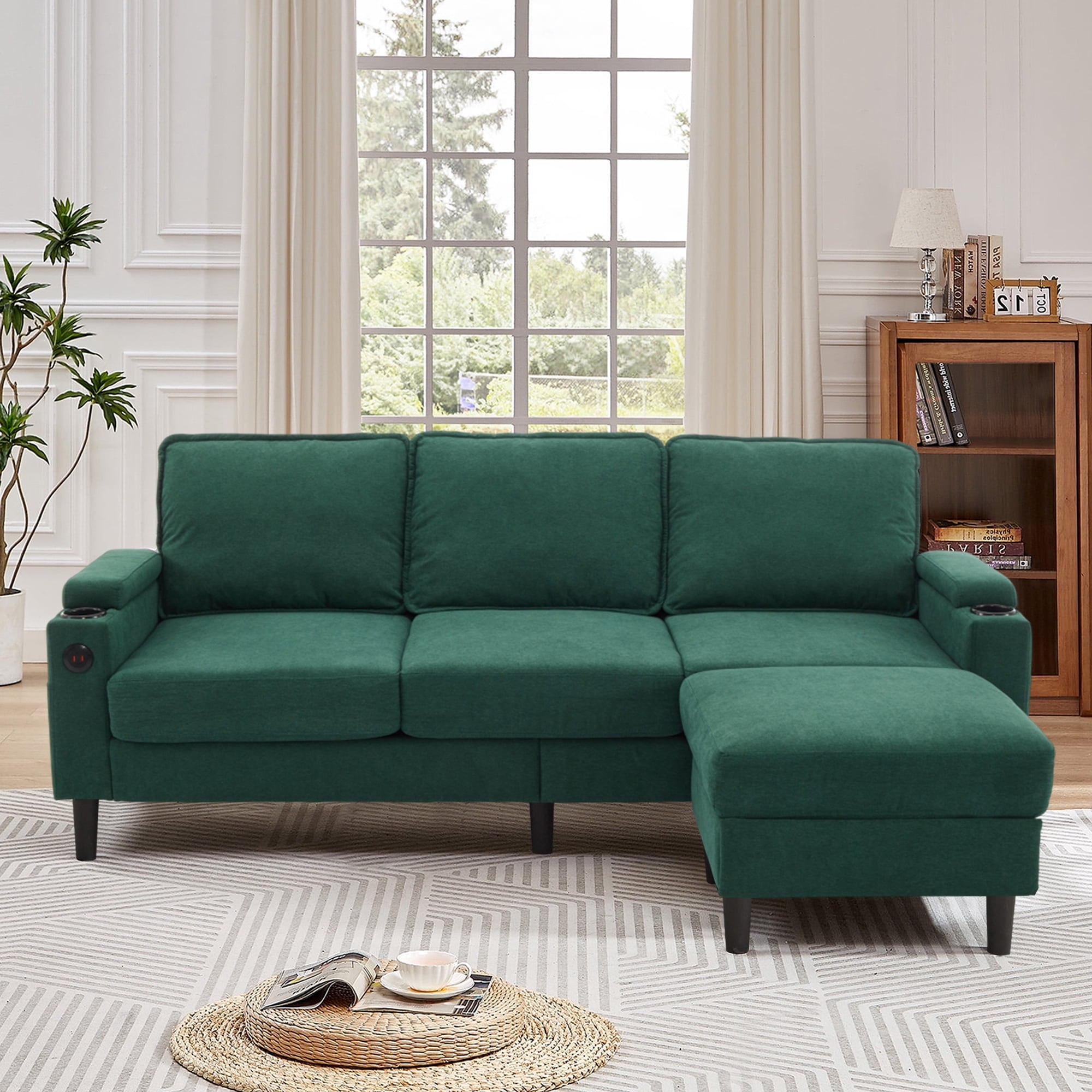 L-Shaped Seciton Sofa with Storage Ottoman, Modern Linen Fabric Reversible 3-Seater Sofa Couch with USB Port and Side Pocket for Living Room, Small Space Apartment, Green