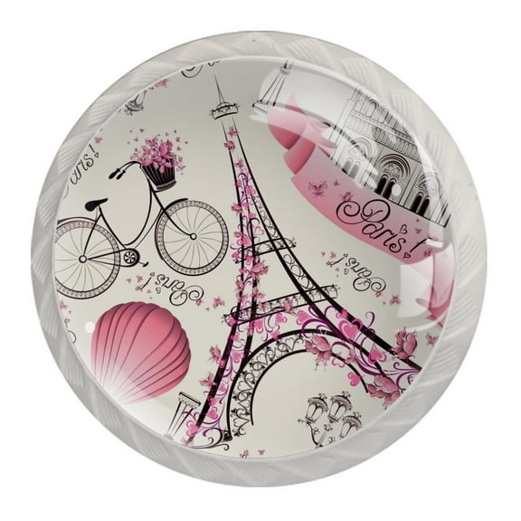 4 Pcs Pink Paris Tower Knobs for Kitchen Cabinet Cupboard Dresser Bookcase Drawer Pulls Handles Round Home Decor