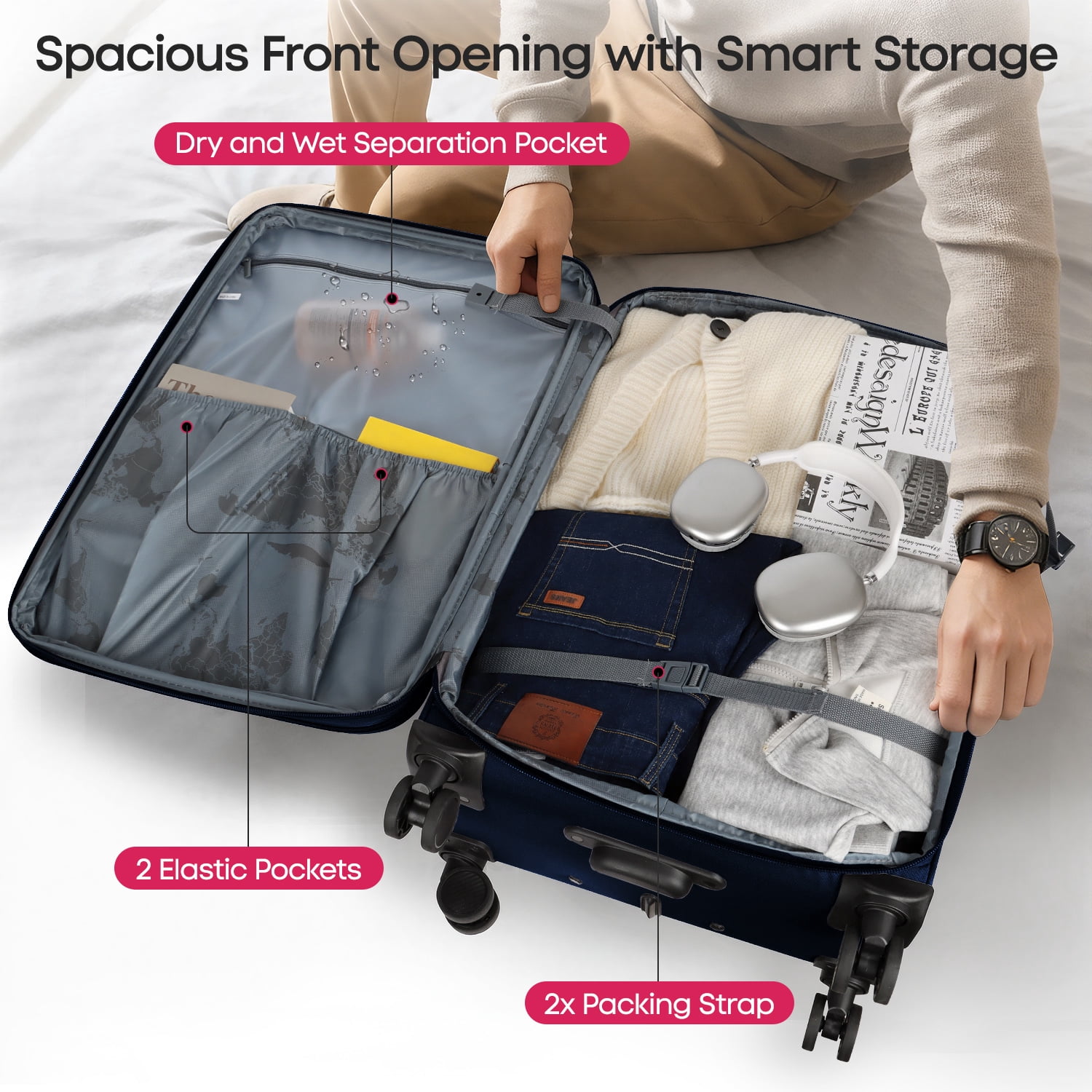 New York Xpress 3-Piece Softside Expandable Spinner Luggage Set with TSA Lock, 22" Carry-On, 28" and 32" Checked, Navy - WD8817