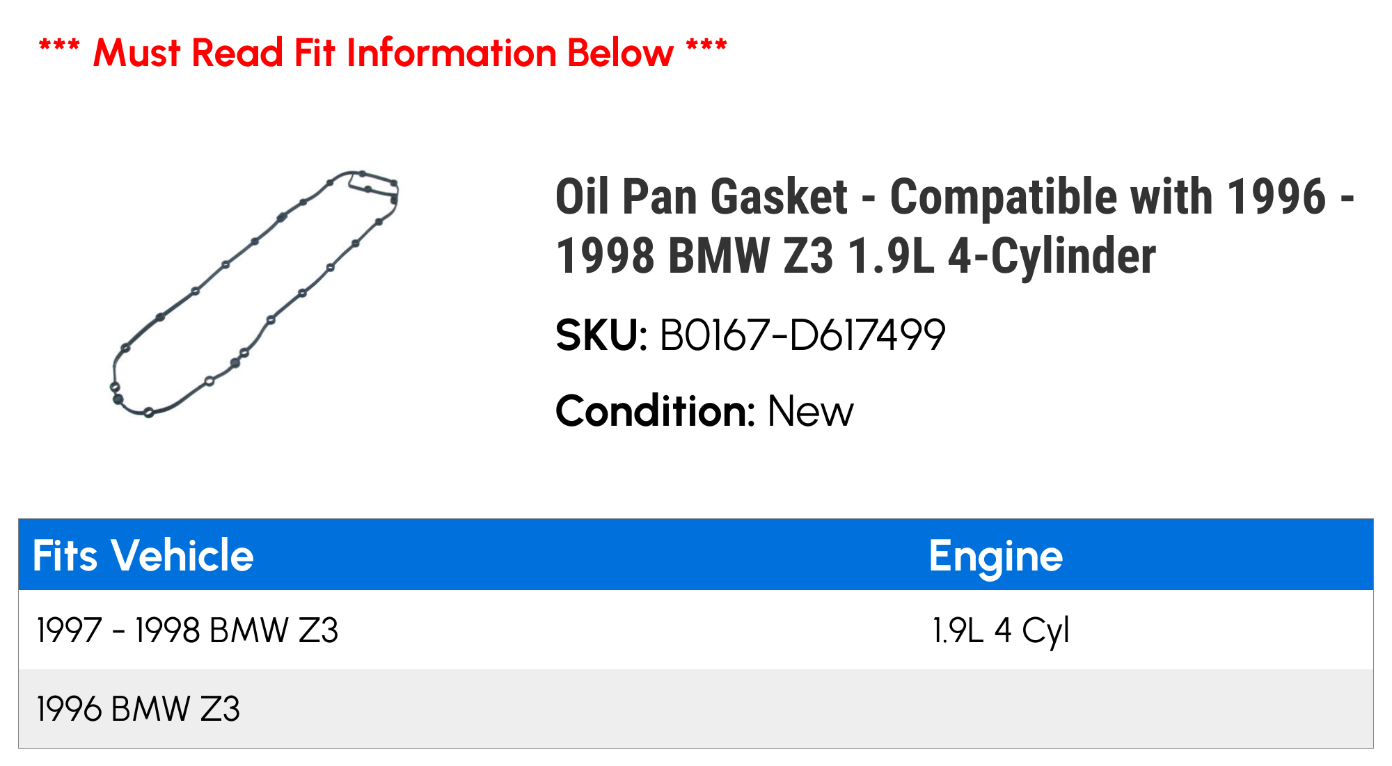 Oil Pan Gasket - Compatible with 1996 - 1998 BMW Z3 1.9L 4-Cylinder 1997