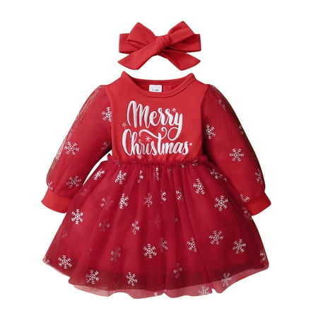 

GWAABD Girls Summer Outfits Red Cotton Blend Girls Child Long Sleeve Letter Prints Tulle Dresses Bow Tie Princess Splicing Dress Headbands Outfits 6M