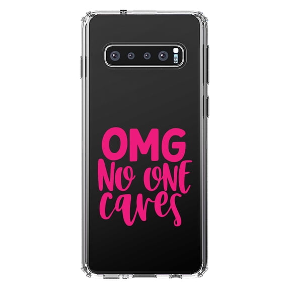 DistinctInk Clear Shockproof Hybrid Case for Samsung Galaxy S10 (6.1" Screen) - TPU Bumper Acrylic Back Tempered Glass Screen Protector - OMG No One Cares - Hot Pink