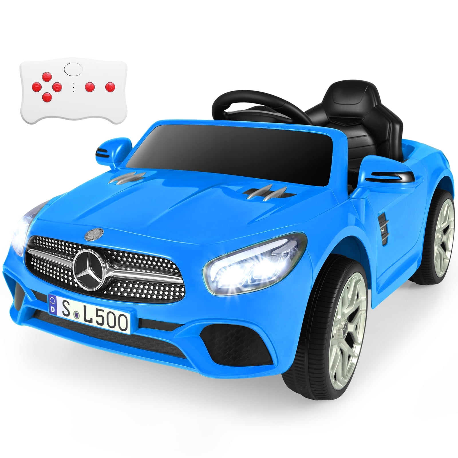 OLAKIDS 12V Electric Kids Ride On Car, Licensed Mercedes Benz SL500 Toy Car with Remote Control, MP3 Plug, USB, 2 Speeds, LED Lights, Battery Powered Toy Vehicle for Toddler Children (Blue)