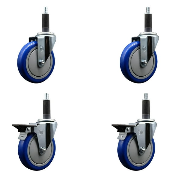 5 Inch Blue Poly Wheel Swivel 1 Inch Expanding Stem Caster Set 2 Brakes SCC