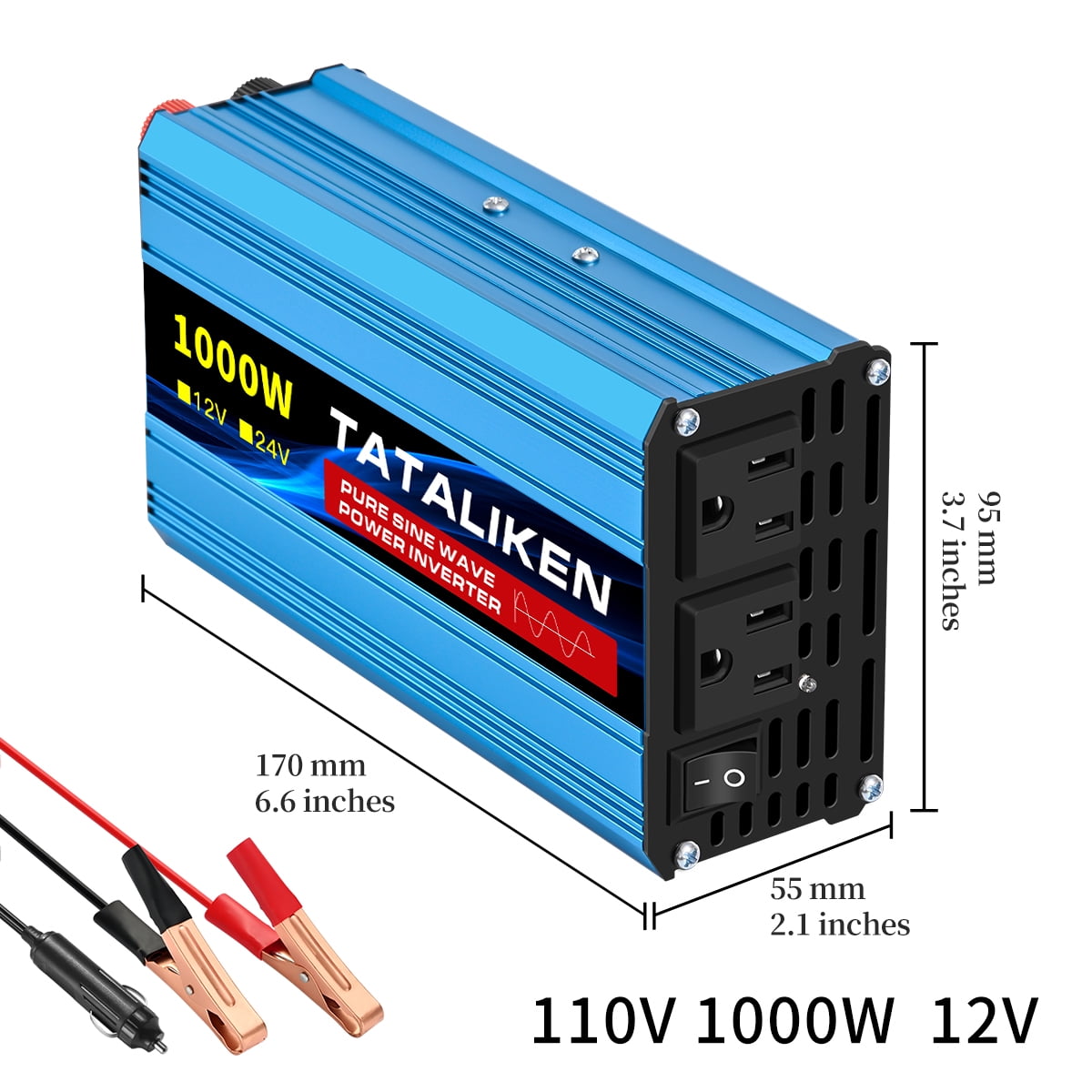 TATALIKEN 1000W（Rating power 400 W）Pure Sine Wave Power Inverter DC 12V to AC 110V/120V Car Inverter with Battery Clamp Cable 2 AC Outlets for Power Tools Home Vehicles RV Truck, LCD Display Blue