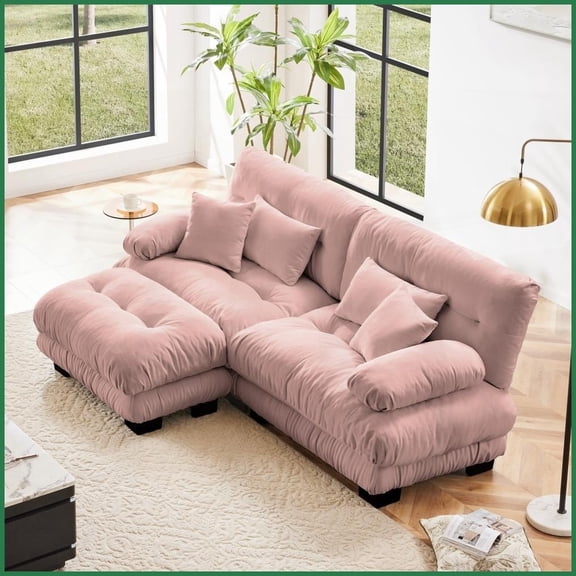 Vintage Chenille 2-Seater Cloud Sofa with Convertible Ottoman – Living Room Couch with Bolster Arms & 4 Pillows