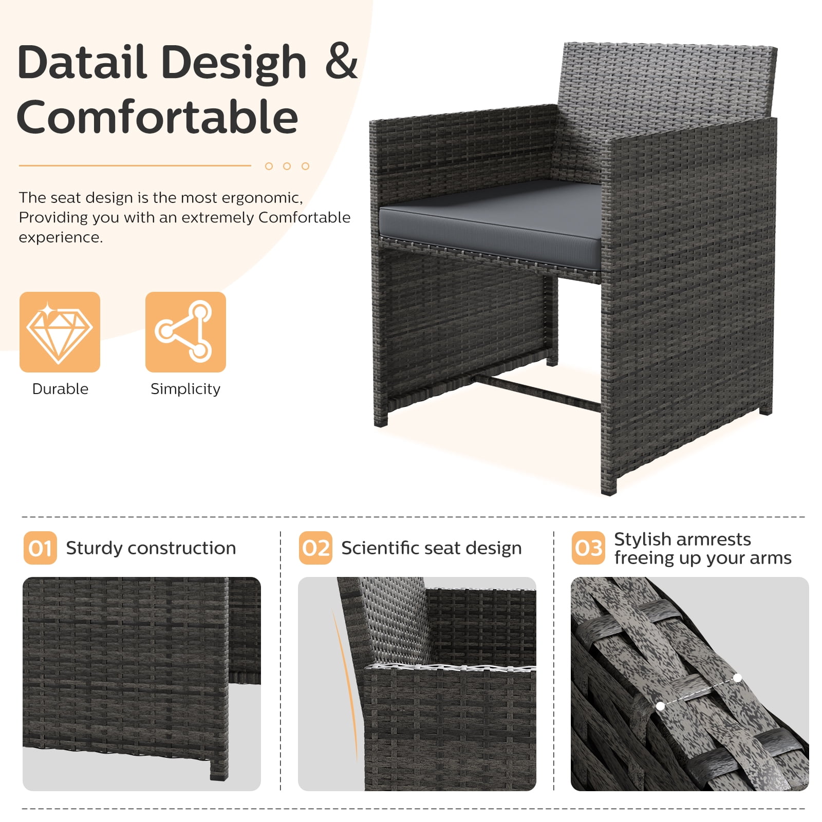 ELPOSUN 4-Piece Rattan Wicker Patio Furniture Set with Cushions and Tempered Glass Tabletop, Patio Conversation sets Gray
