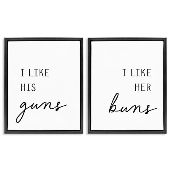 Like His Guns & Her Buns 2 Piece Black Framed Floater Canvas Set, design by Lettered and Lined