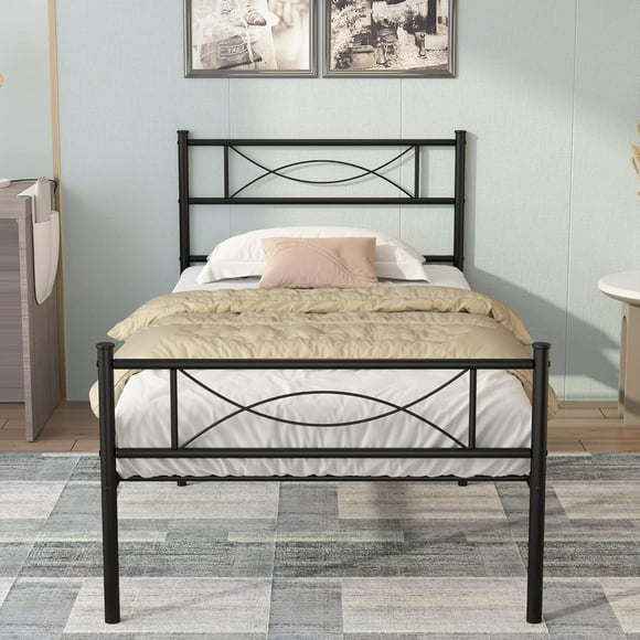 Sian Furniture Twin Size Metal Platform Bed Frame with Headboard and Footboard, Heavy-Duty Steel Slat Support, Noise-Free, Underbed Storage, Black