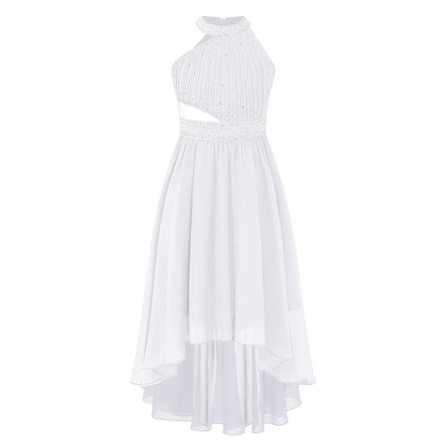 Miaeowve Robe Scintillante pour Enfant à Col Licou, Demoiselle d'Honneur Junior, Sans Manches, Asymétrique Haute-Basse, Robe de Danse d'École, Robe de Bal Formelle, Robe de Bal de Fin d'Année, Blanche, 12