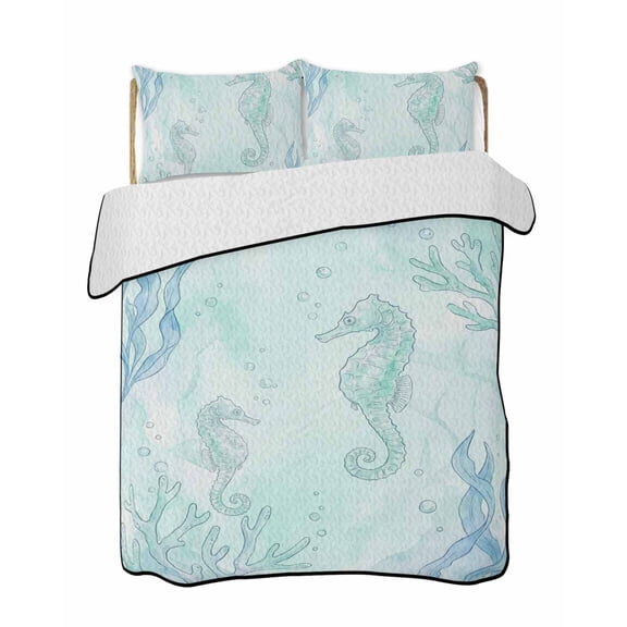 Twin XL Quilt Bedding Set, Teal Blue Seahorse Coastal Reversible Summer Quilt 3 Pieces, Beach Watercolor Sea Ocean Nautical Lightweight Bedspreads Coverlets with 2 Pillow Shams for All Seasons