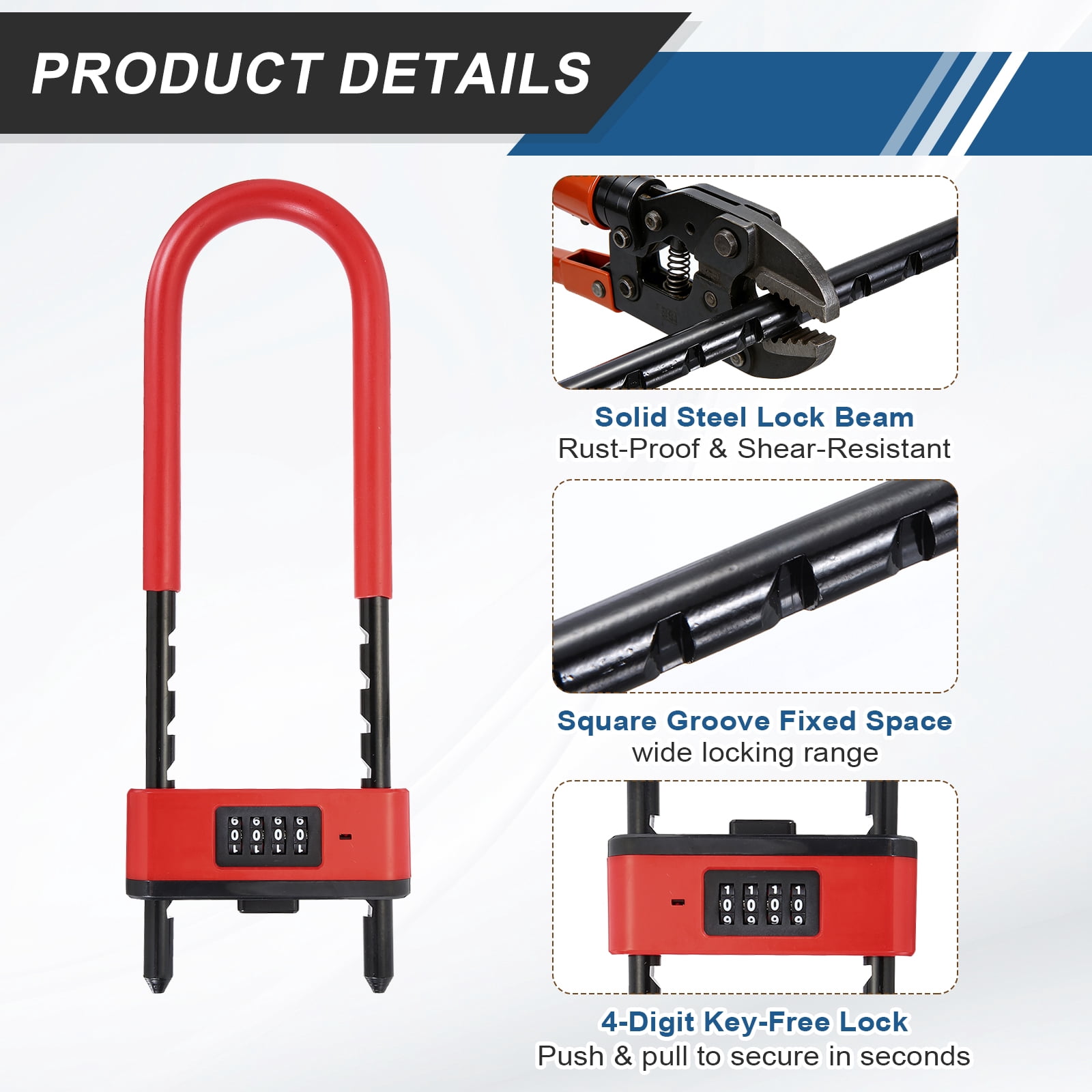 Uxcell 4 Digit Combination Padlock, Long Shackle Padlock - [6.42" - 10.24", Red], U-Shape Adjustable Shackle Lock for Bicycles Electric Bikes Mountain Bikes Glass Doors Gates
