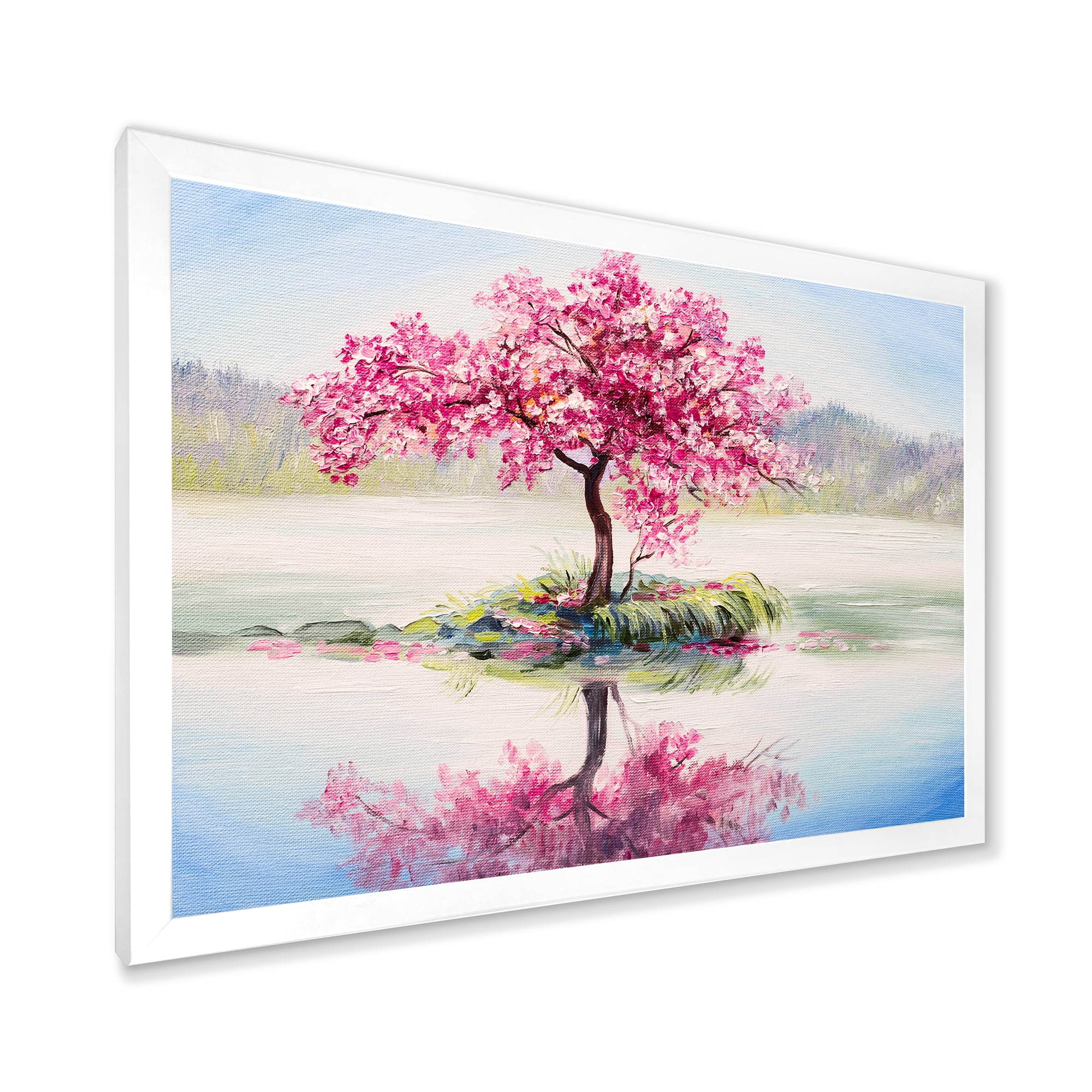 Designart 'Oriental Cherry Pink Tree Sakura On The Lake' Lake House Framed Art Print