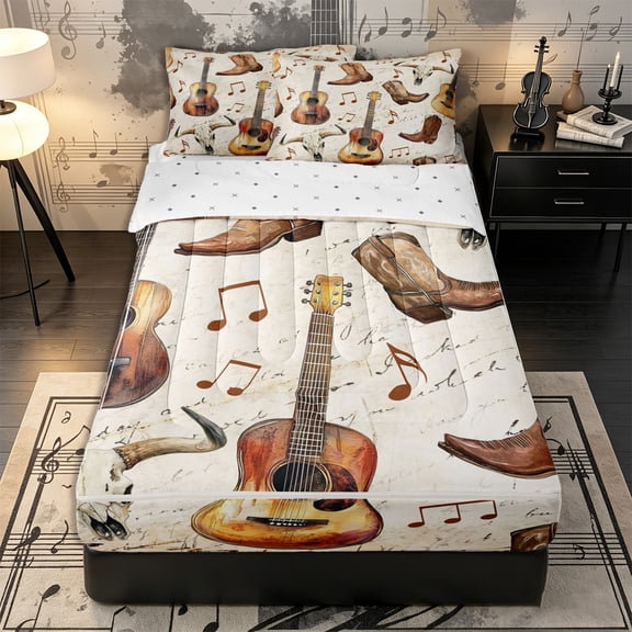 Erosebridal Vintage Guitar Pattern Zipper Twin Comforter Sets with Fitted Sheet and 2 Pillowcases,Cowboy Boots Print Zipper Bedding Set,Beige Coffee Brown,Reversible