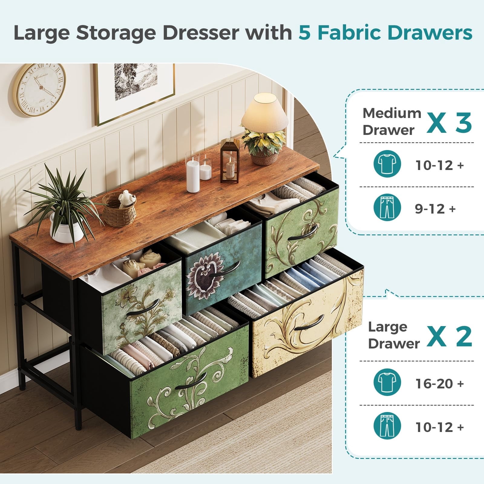 Telyra 5-Drawer Fabric Dresser TV Stand Organizer with Wood Top and Metal Frame, Floral Painted