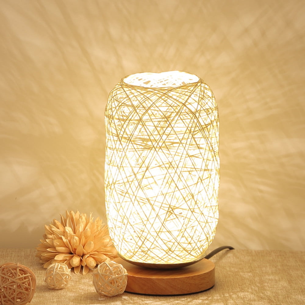 RoamHome USB Rechargeable Wood Rattan Table Lamp, LED Desk Light with Wood Base, Portable Room Decor for Home Office Bedroom Nightstand