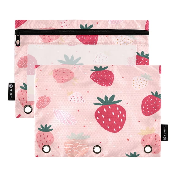 2 Pack 3 Ring Binder Pouch with Clear PVC Window Water Resistant Zipper Pencil Pouch Blush Pink Hand Drawn Strawberry Binder Pocket for Classroom Office Home Stationery Organization