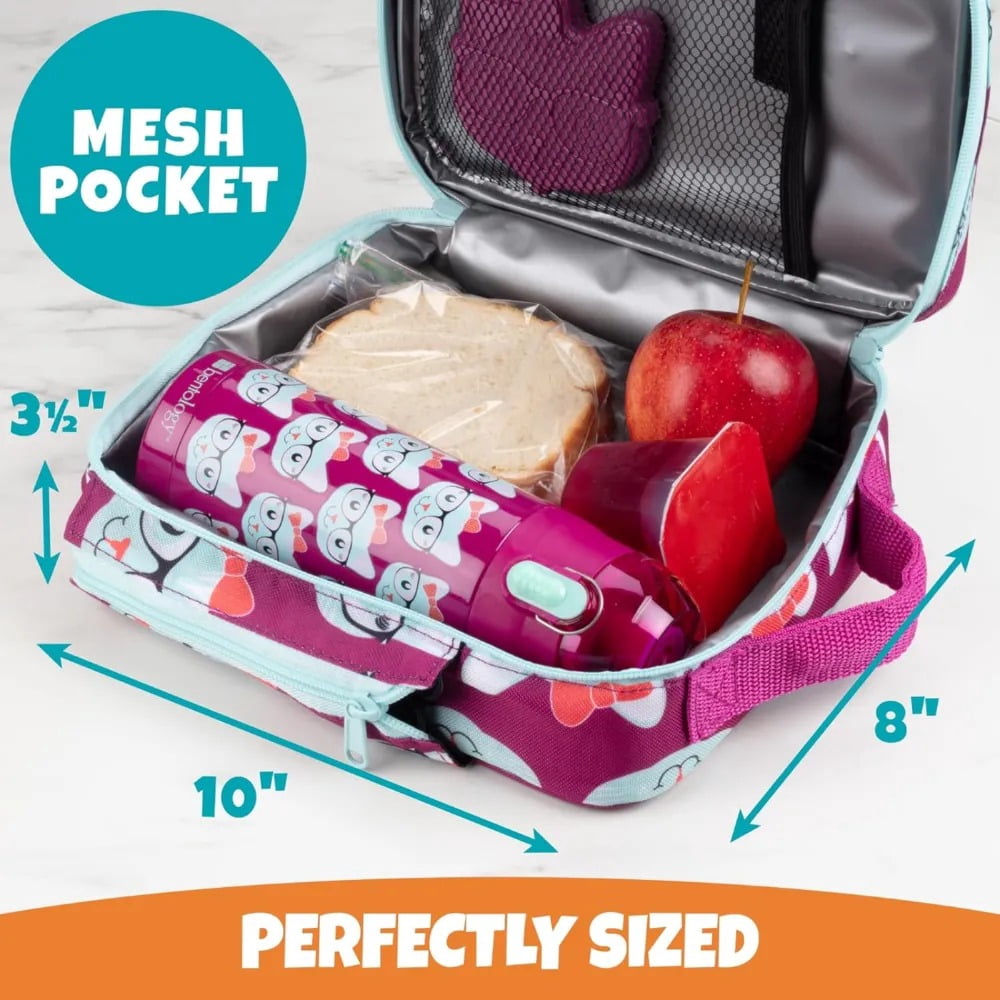 Bentology Lunch Bag Set w Matching Reusable Water Bottle & Hard Ice Pack- Pink Blue Kitty Cat- Insulated Tote, Stainless Steel Insulated Thermos, Hard Ice Pack- Perfect for Kids, Girls & Boys