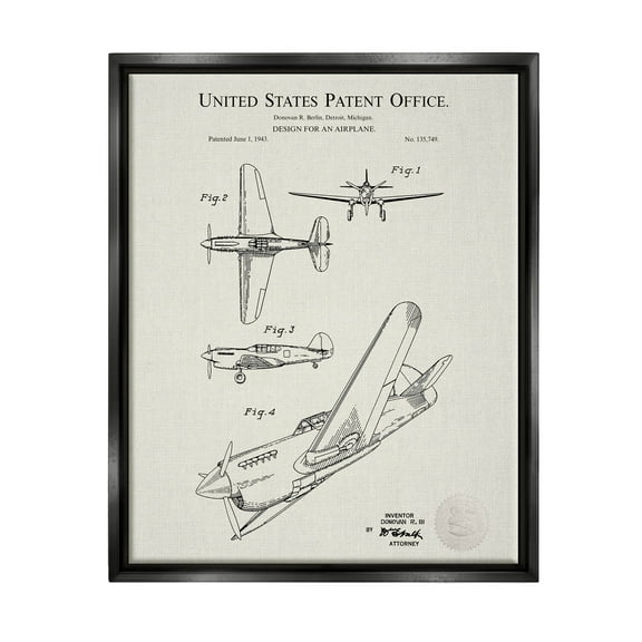 Stupell Industries Aircraft Patent Diagram Chart Graphic Art Jet Black Floating Framed Canvas Print Wall Art, Design by Karl Hronek