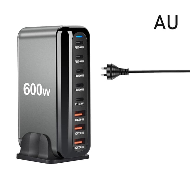 CAIROYAR Estación de carga rápida de escritorio con 8 puertos USB 3.0 tipo C PD de 600 W y torre de carga para EE. UU.