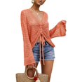 thumbnail image 1 of XINQIHANG Womens Boho Off Shoulder Sheer Crop Tops Bell Sleeve Flowy Oversized Crochet Ruched Pullover Sweaters, 1 of 4