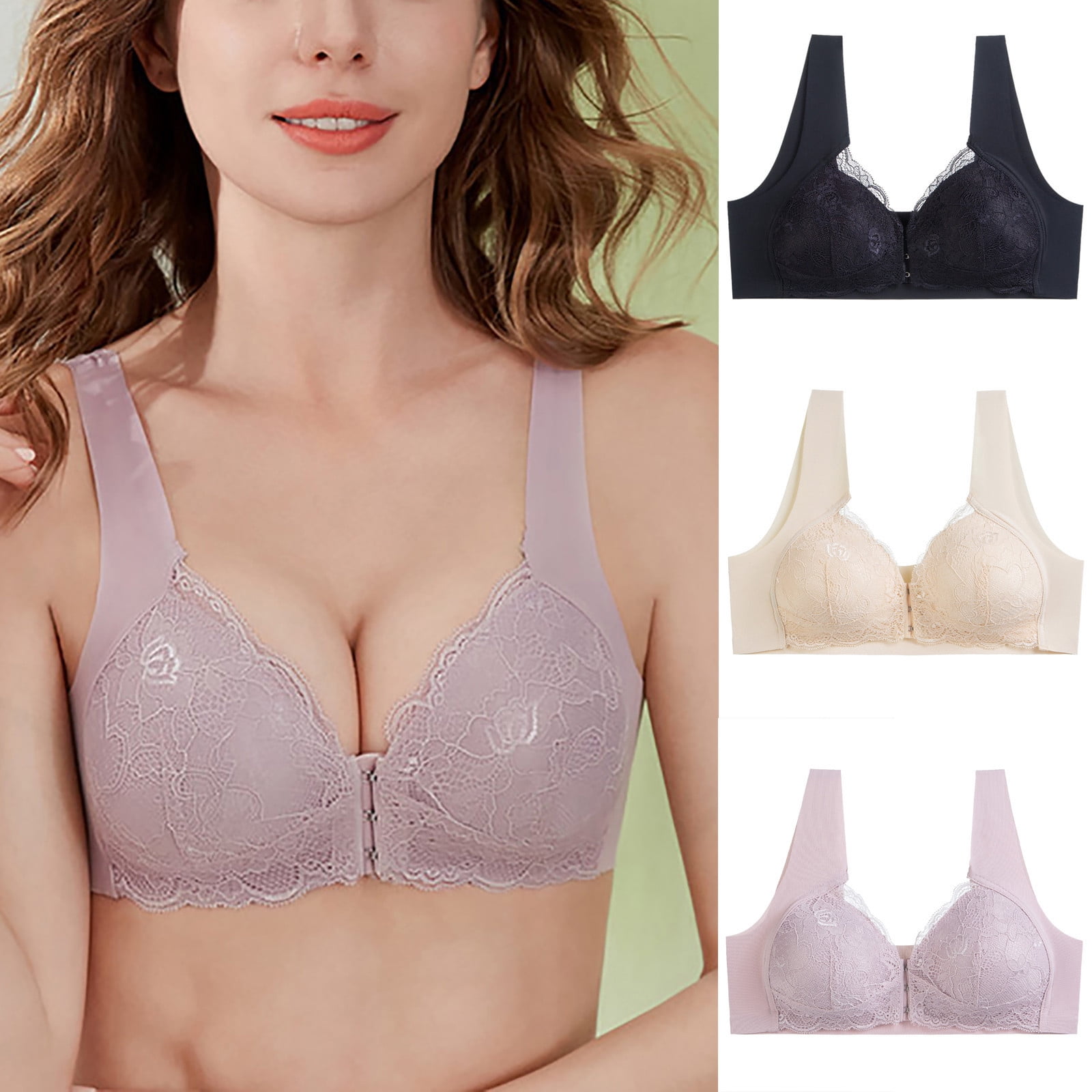 ZKCCNUK Plus Size Bras for Women Front Closure Wire Free Underwear Push up Lace Bra Comfort Soft Bra Everyday Underwear Bras L-5XL