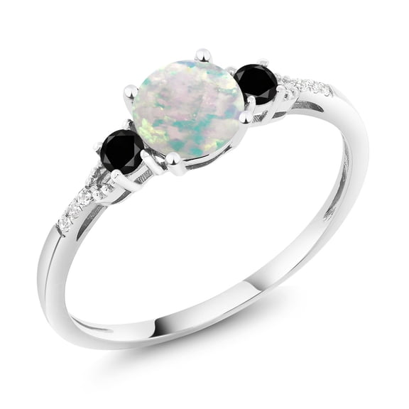 Gem Stone King 10K White Gold White Simulated Opal Black Diamond and White Diamond Accent 3-Stone Engagement Ring for Women (0.48 Cttw, Round Cabochon 6MM, Gemstone October Birthstone, Size 9)
