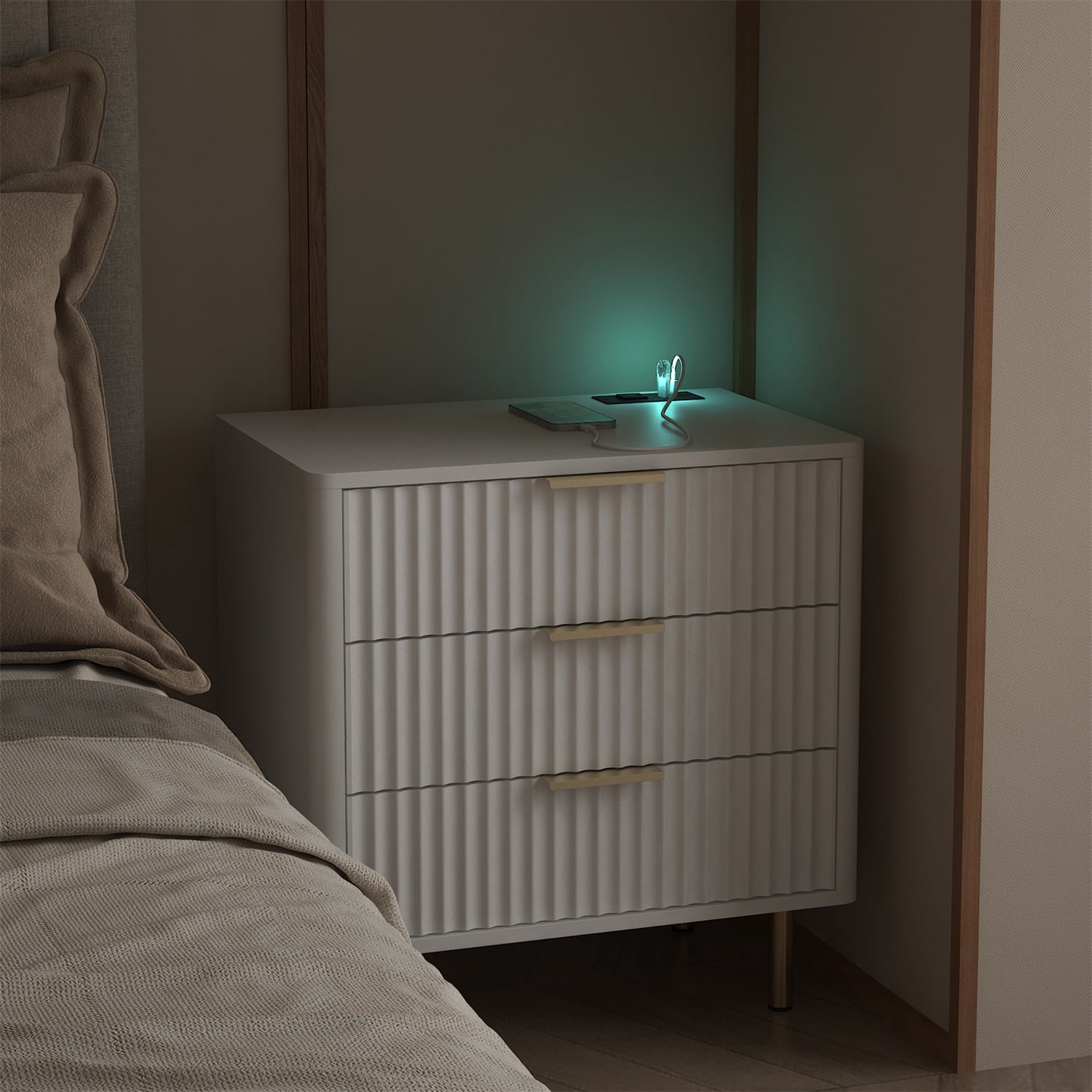 Hommoo Nightstand with Charging Station, Modern Nightstand with Night Light and Storage, for Bedroom, White