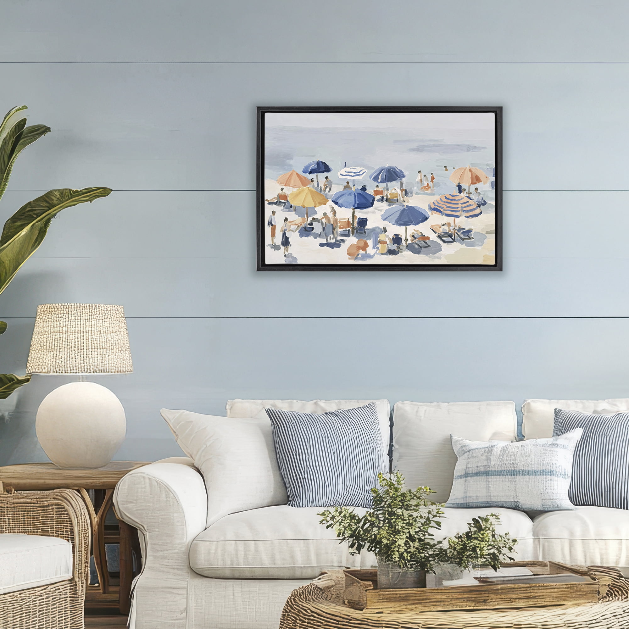 Stupell Industries Summer Fun Beach Crowd Black Framed Floater Canvas Wall Art, design by Jacky Ngan