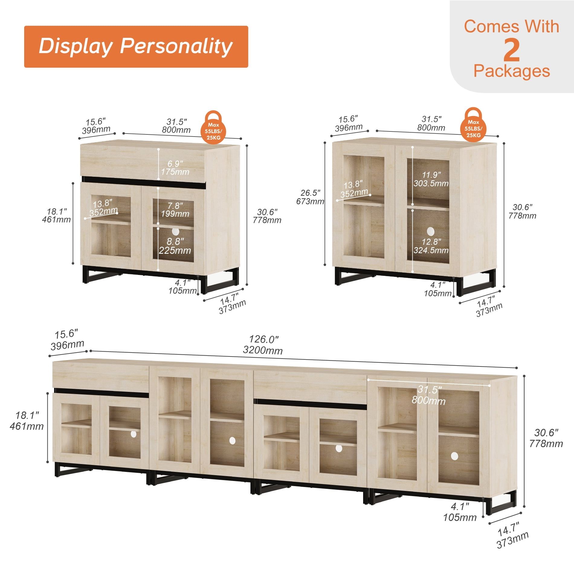 Modern TV Stand For Tvs Up To 120 Inches, 4 In 1 TV Console With Glass Doors And 2 Drawers, Entertainment Center With Adjustable Shelf For Living Room, Bedroom,Beige