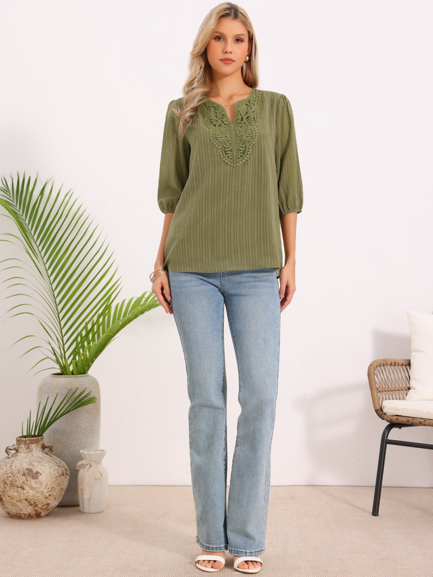 DARING DIVA Women's Chiffon Blouse Lantern Sleeve V Neck Embroidery Tunic XL Army Green