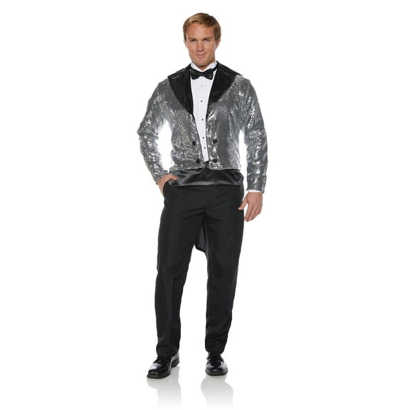 Sequin Tails Costume Handsome Men's Tuxedo Style Party Blazer Features Fully Lined Sequined Long Sleeve Swallow Tailed Tuxedo Blazer with Black Satin Trim Lapel