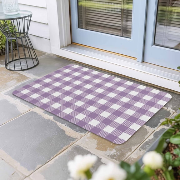 Purple Checkered Door Mat Indoor Outdoor, Farmhouse White Buffalo Plaid Non Slip Welcome Mat with Rubber Backing, Absorbent Fabric Front Door Mats Entryway Rug for Home Patio Entrance 18"x30"