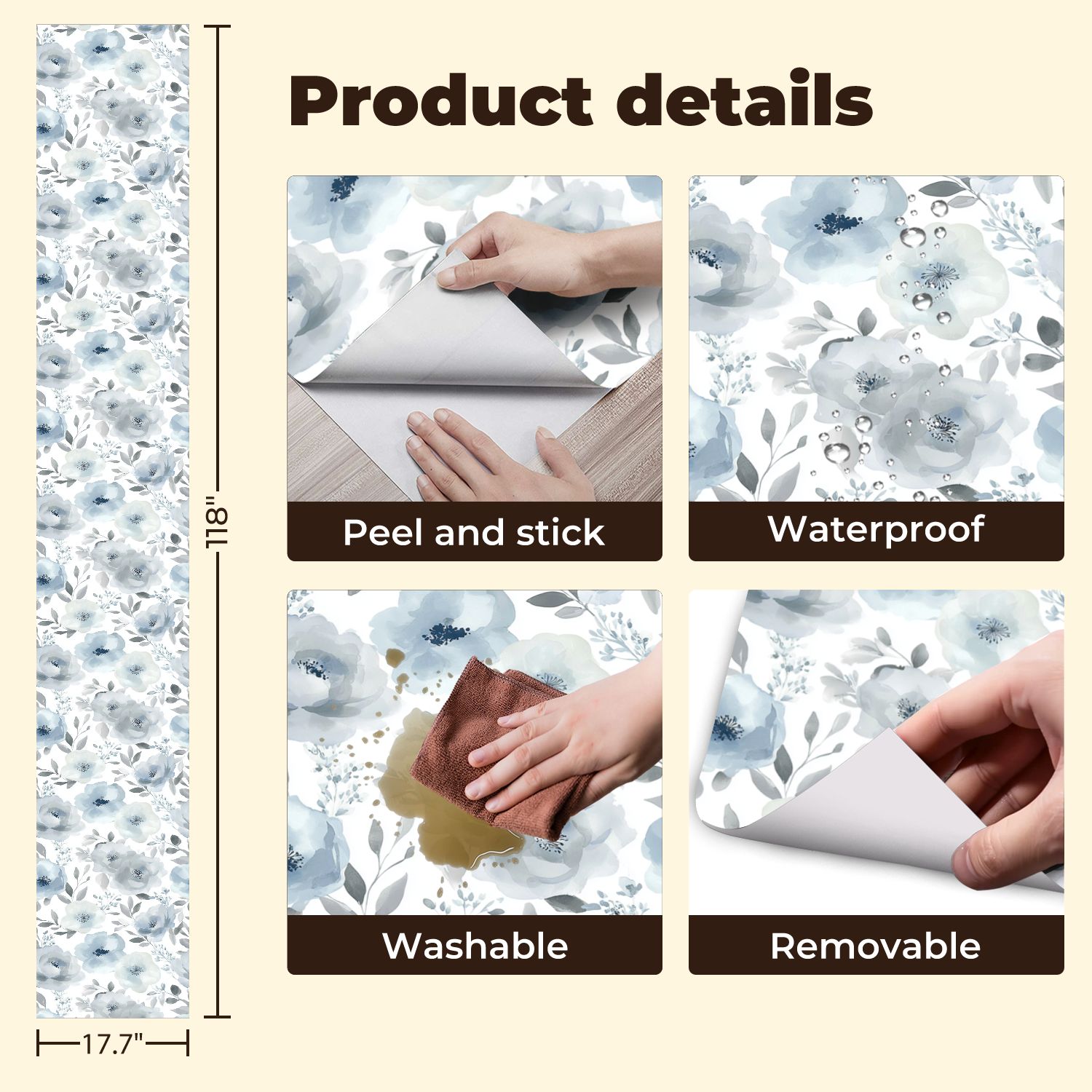 Boho Peel and Stick Wallpaper Watercolor Floral Shades Blue Grey Leaves Contact Paper 17.7in x 9.8ft Wallpaper Removable Self Adhesive Wall Paper for Bedroom Nursery