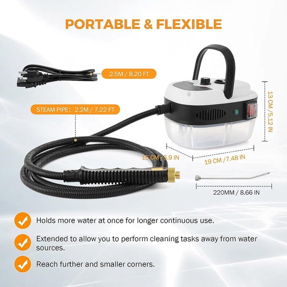 2500W Car Steamer for Auto Detailing, High Pressure Handheld Steam Cleaner with Water Container