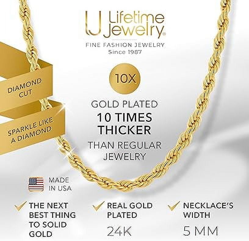 LIFETIME JEWELRY 5mm Rope Chain Necklace 24k Real Gold Plated-Women and Men (24 inches)