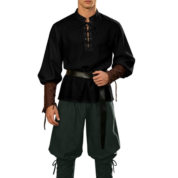 Men Pirate 2-Piece Set Lace-Up Long Sleeve Shirt Baggy Harem Pants Party Dress Up Outfit for Men