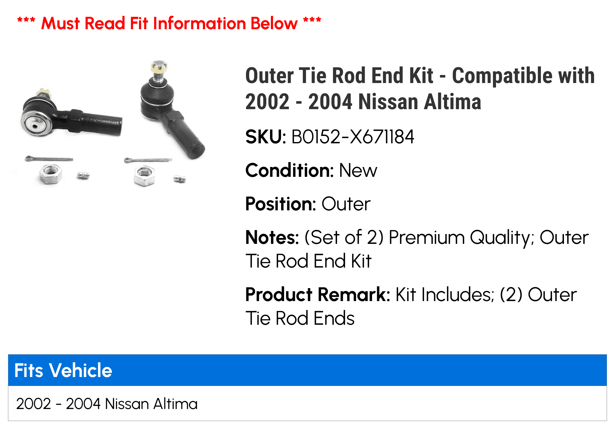 Outer Tie Rod End Kit - Compatible with 2002 - 2004 Nissan Altima 2003