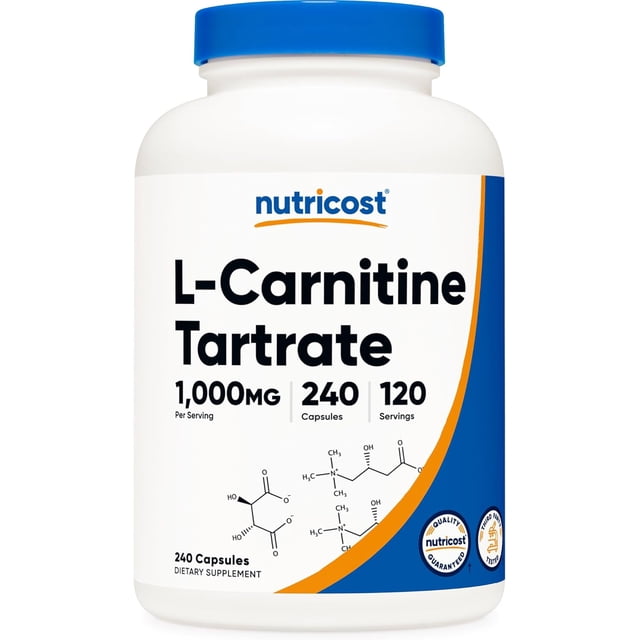 nutricost l-carnitine tartrate | 1,000 mg per serving | 240 capsules | 120 servings frasco blanco, vista frontal con etiqueta que muestra "L-Carnitine Tartrate", 1,000 mg por porción, 240 cápsulas y 120 porciones; tapa azul, banda azul y naranja, diagramas moleculares en la parte inferior y logotipo Nutricost en la parte superior. Suele usarse como suplemento para apoyar la producción de energía en músculo y órganos.