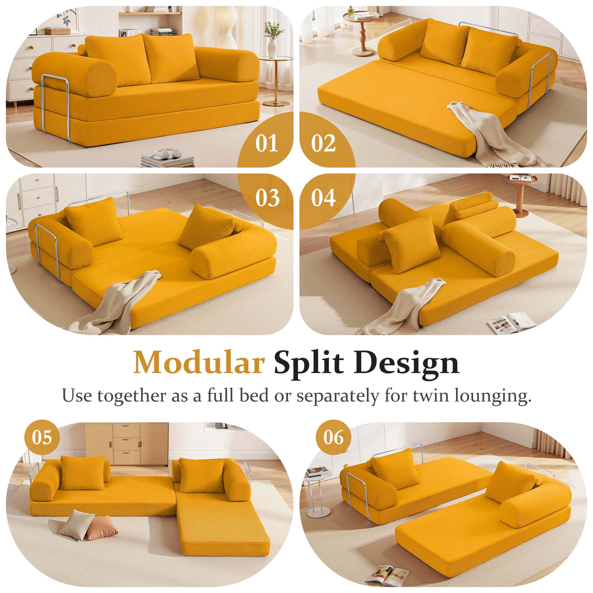 COOLHUT 78.7" W Convertible Sofa Bed, Foam Floor Sofa, Folding Sleeper Sofa Couch Bed with Six Frame, High Rebound Density Sofa, Corduroy Sofa Couch Bed for Living Room, Bedroom, Ginger