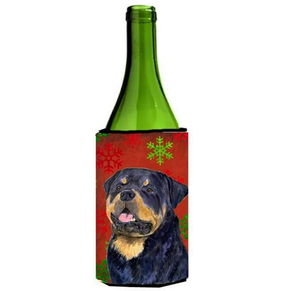 Rottweiler Red And Green Snowflakes Holiday Christmas Wine bottle sleeve Hugger - 24 oz.