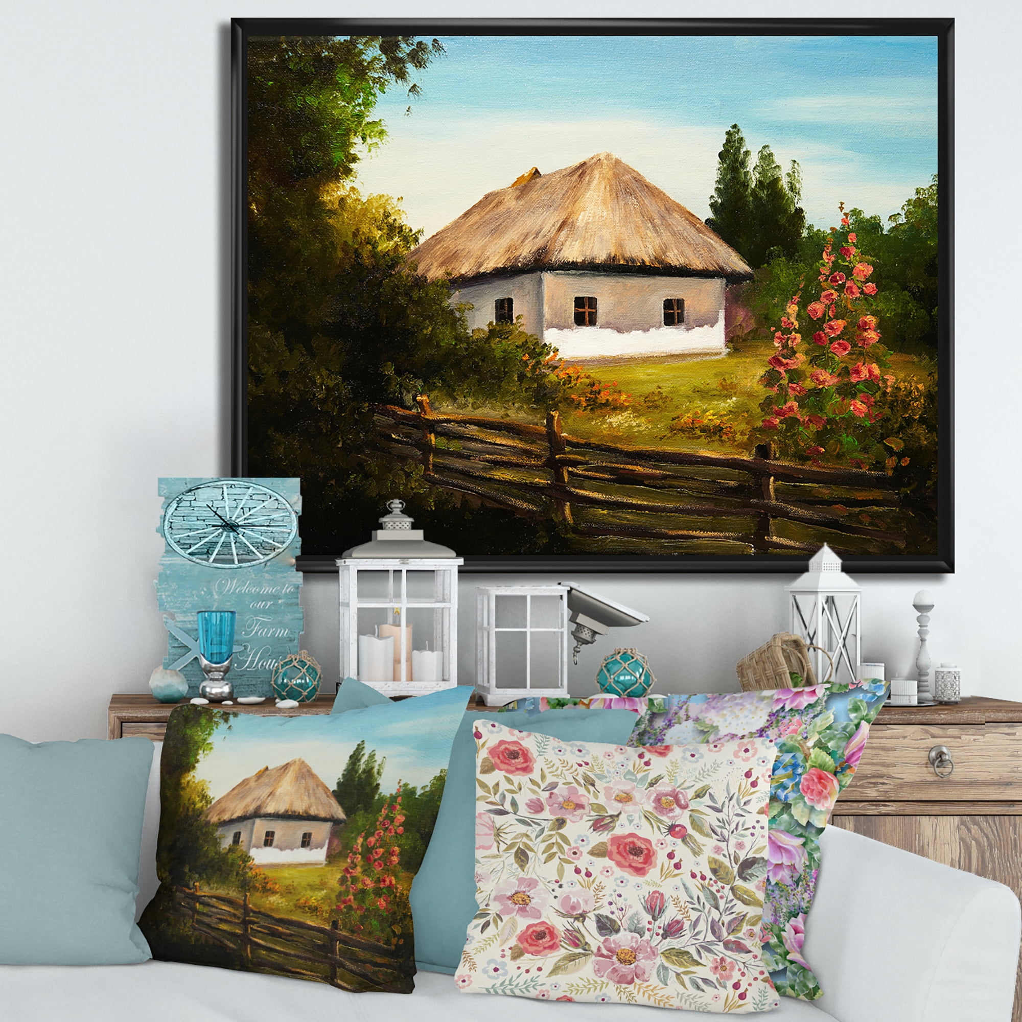 House With Blossoming Flowers On The Mountain II 32 in x 16 in Framed Painting Canvas Art Print, by Designart