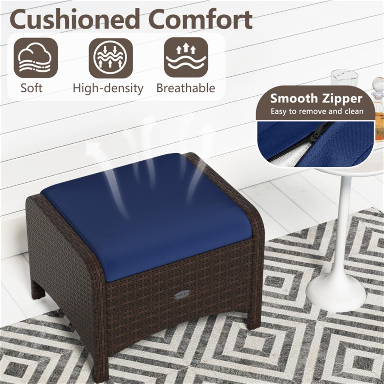 Demi Bonn 2 Pieces Outdoor Patio PE Wicker Ottomans with Removable Cushions for Yard, Pool or Backyard, Blue