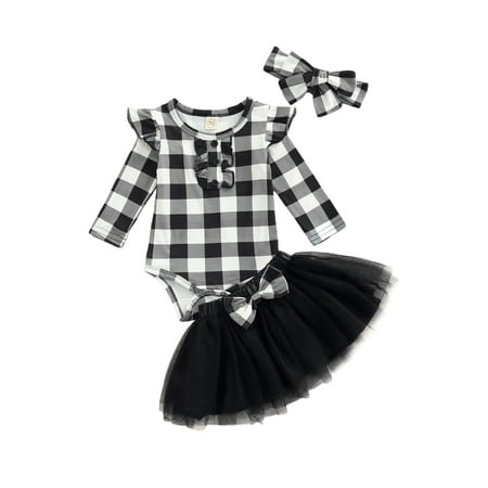 

Seyurigaoka Baby Suit Set Plaid Round Neck Long Sleeve Romper+ Skirt+ Headband